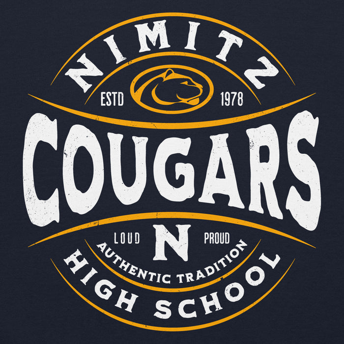Close-up view of Nimitz High School Cougars Navy Blue Classic Unisex Hoodie 218