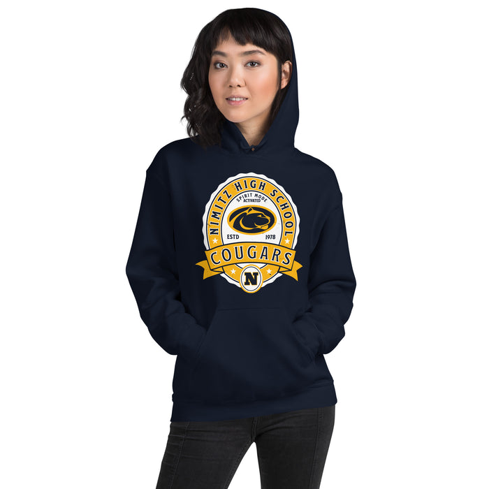 Woman wearing Nimitz High School Cougars Navy Blue Classic Unisex Hoodie 212