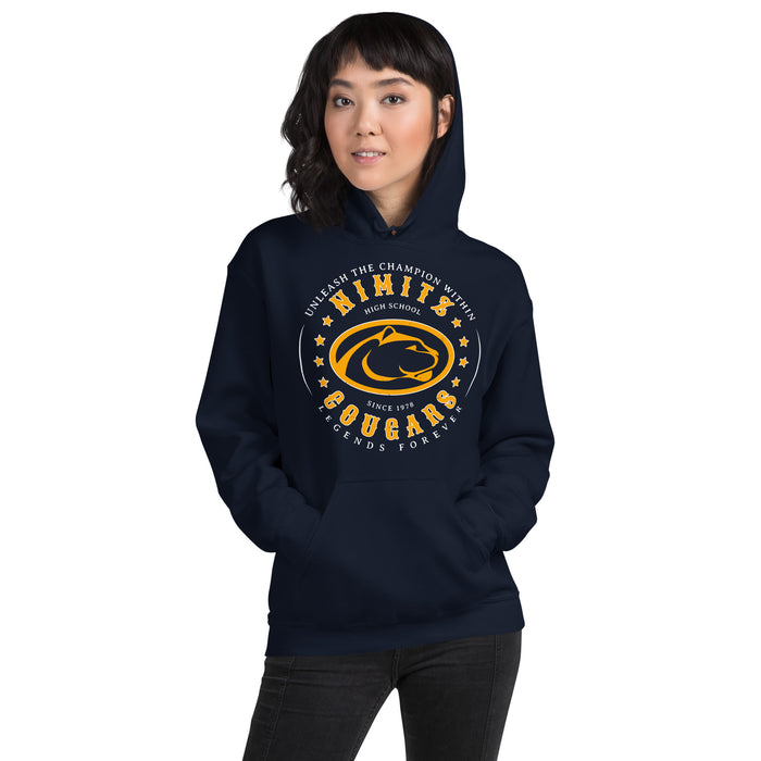 Woman wearing Nimitz High School Cougars Navy Blue Classic Unisex Hoodie 214