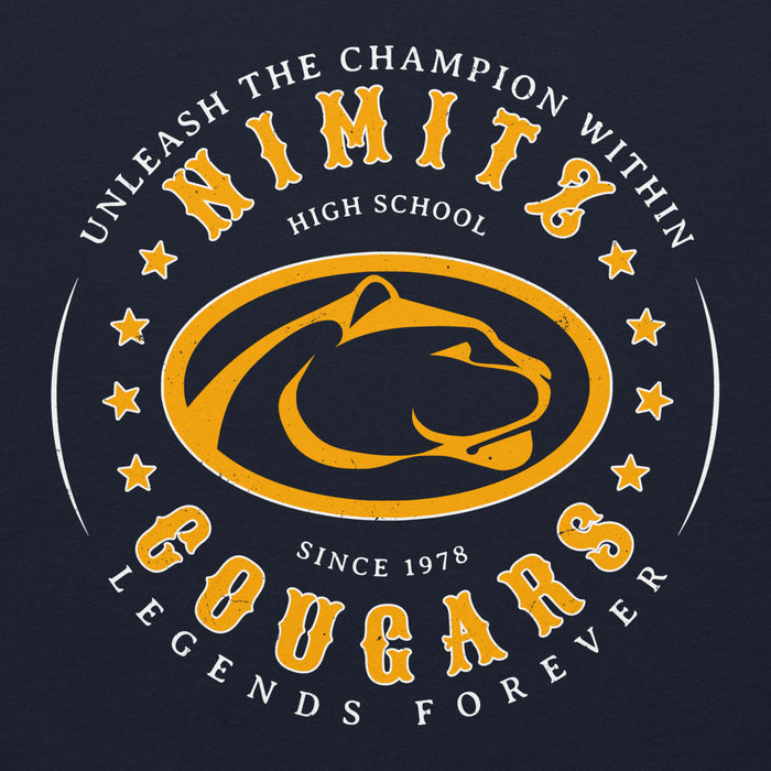 Close-up view of Nimitz High School Cougars Navy Blue Classic Unisex Hoodie 214