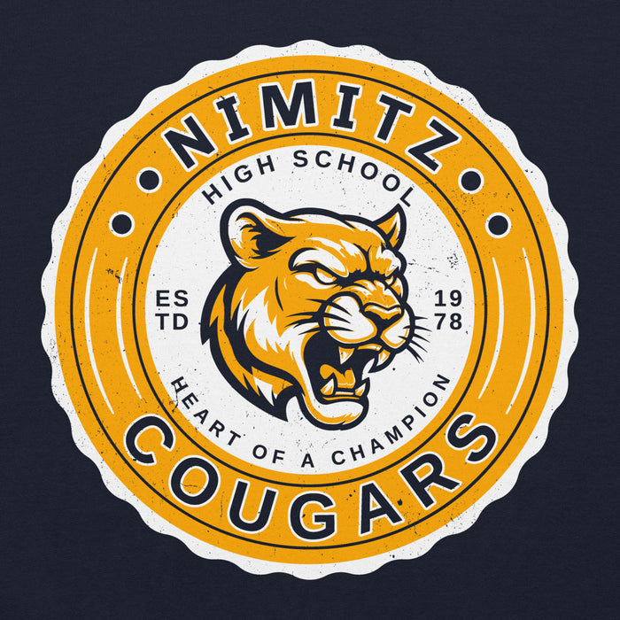 Close-up view of Nimitz High School Cougars Navy Blue Classic Unisex Hoodie 216