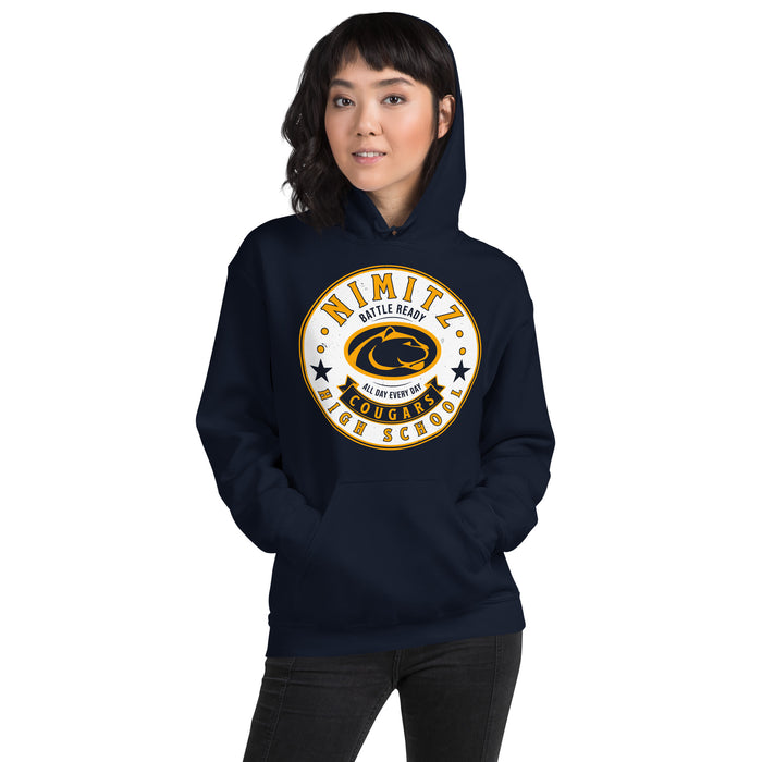 Woman wearing Nimitz High School Cougars Navy Blue Classic Unisex Hoodie 215