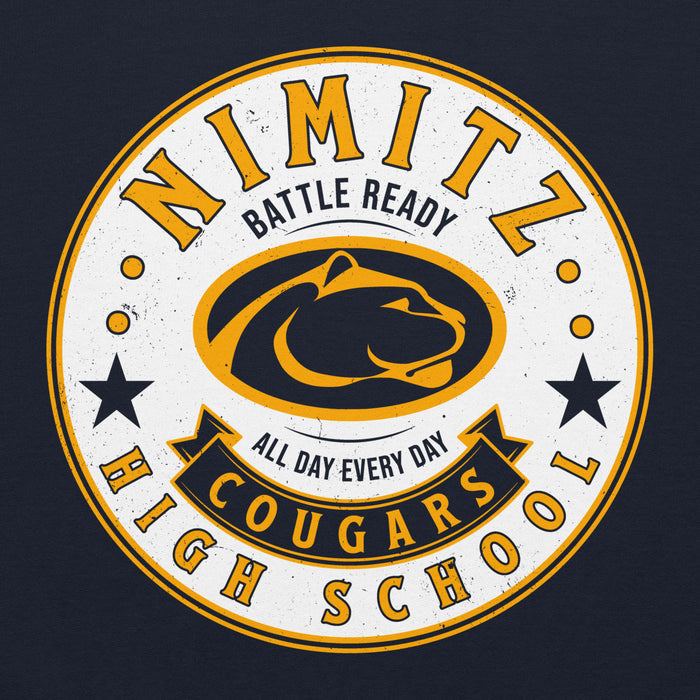 Close-up view of Nimitz High School Cougars Navy Blue Classic Unisex Hoodie 215