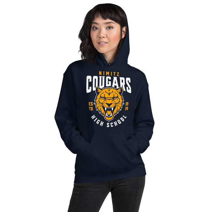 Woman wearing Nimitz High School Cougars Navy Blue Classic Unisex Hoodie 213