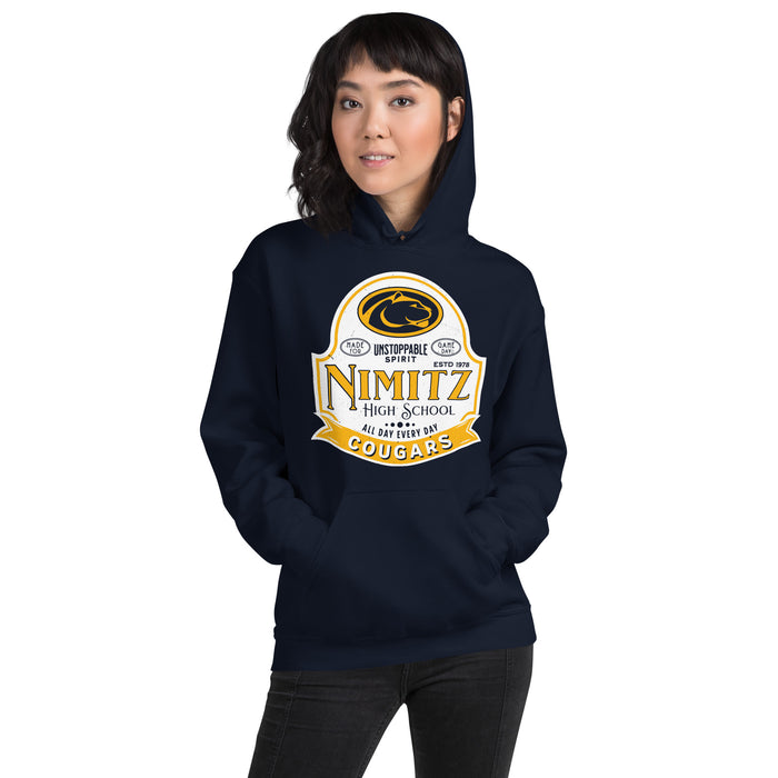 Woman wearing Nimitz High School Cougars Navy Blue Classic Unisex Hoodie 219