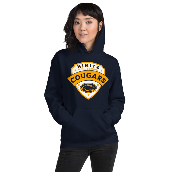 Woman wearing Nimitz High School Cougars Navy Blue Classic Unisex Hoodie 221