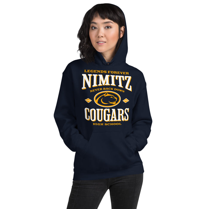 Woman wearing Nimitz High School Cougars Navy Blue Classic Unisex Hoodie 230