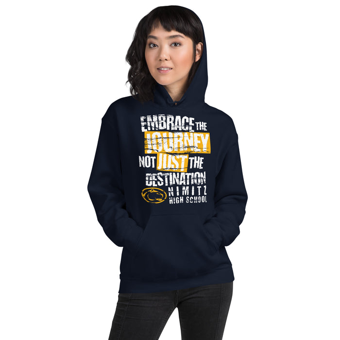 Woman wearing Nimitz High School Cougars Navy Blue Classic Unisex Hoodie 232