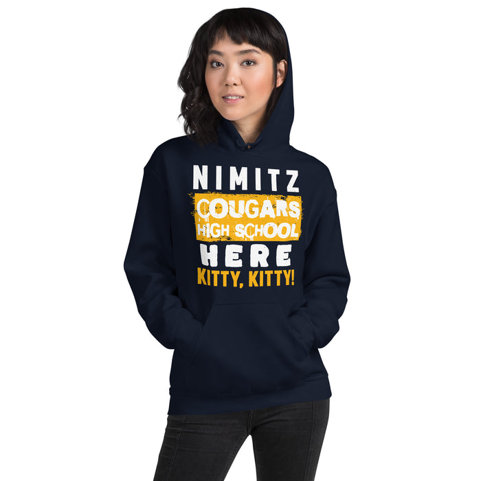 Woman wearing Nimitz High School Cougars Navy Blue Classic Unisex Hoodie 231
