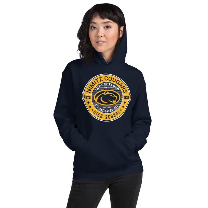 Woman wearing Nimitz High School Cougars Navy Blue Classic Unisex Hoodie 224