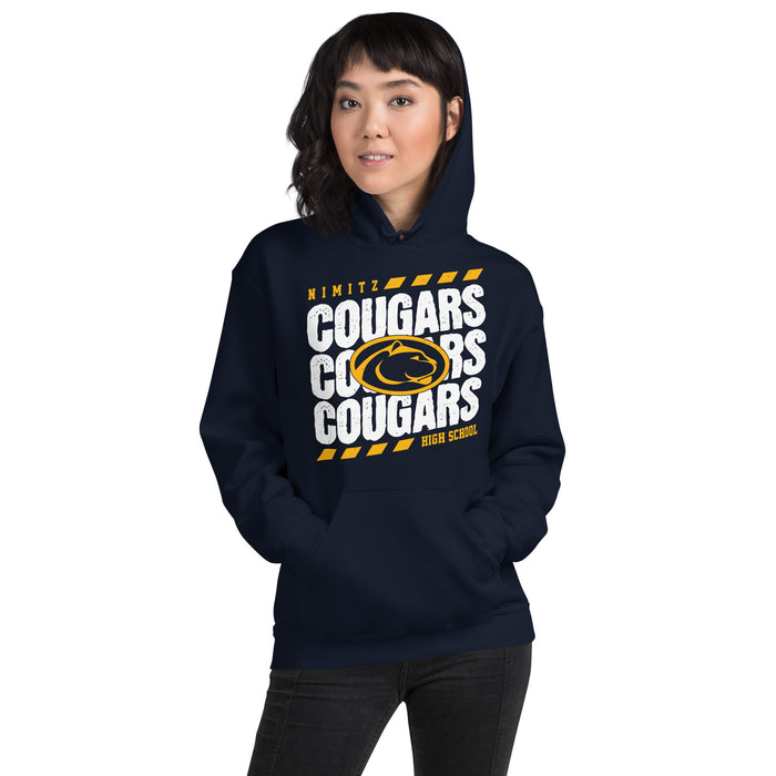 Woman wearing Nimitz High School Cougars Navy Blue Classic Unisex Hoodie 223