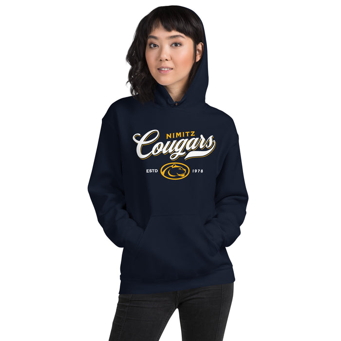 Woman wearing Nimitz High School Cougars Navy Blue Classic Unisex Hoodie 226