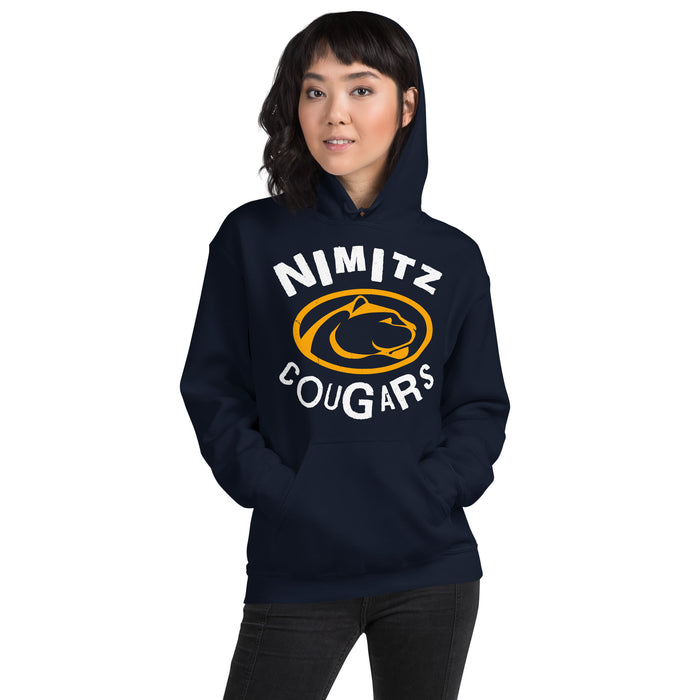 Woman wearing Nimitz High School Cougars Navy Blue Classic Unisex Hoodie 228