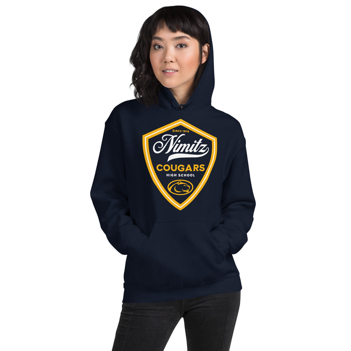 Woman wearing Nimitz High School Cougars Navy Blue Classic Unisex Hoodie 225