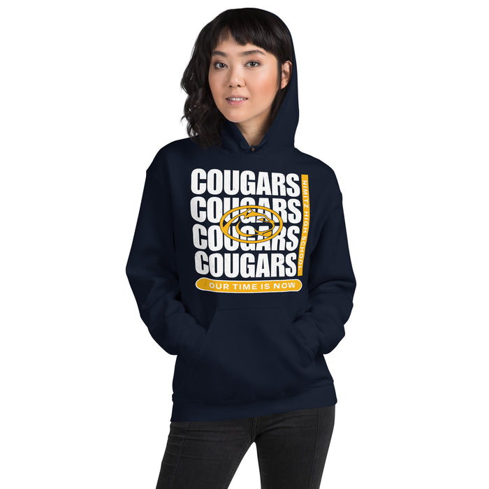 Woman wearing Nimitz High School Cougars Navy Blue Classic Unisex Hoodie 235