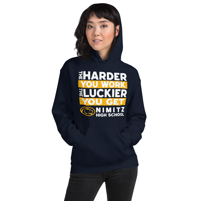 Woman wearing Nimitz High School Cougars Navy Blue Classic Unisex Hoodie 238