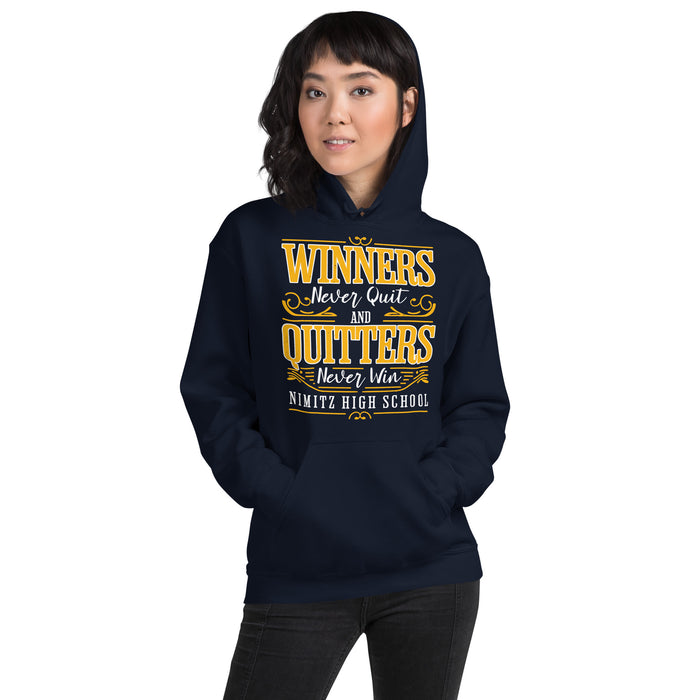 Woman wearing Nimitz High School Cougars Navy Blue Classic Unisex Hoodie 237