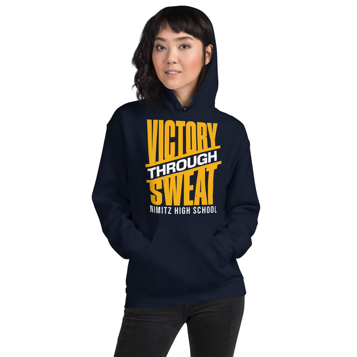 Woman wearing Nimitz High School Cougars Navy Blue Classic Unisex Hoodie 241