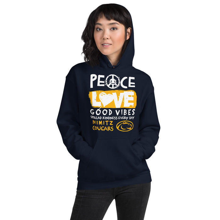 Woman wearing Nimitz High School Cougars Navy Blue Classic Unisex Hoodie 240