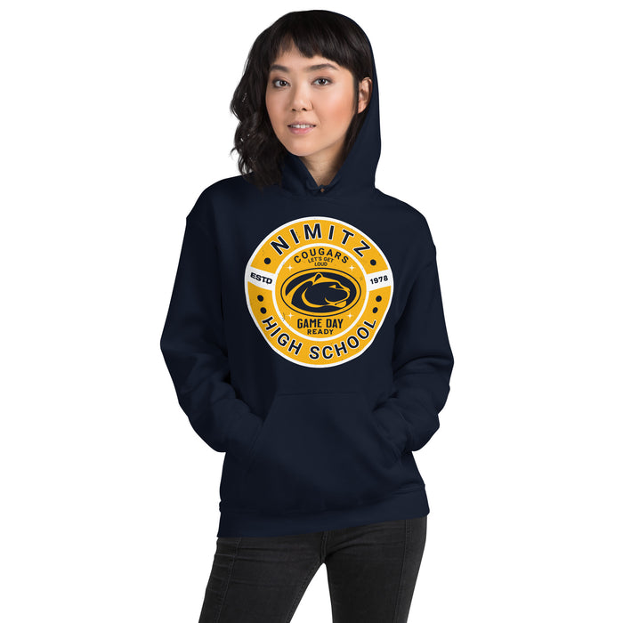 Woman wearing Nimitz High School Cougars Navy Blue Classic Unisex Hoodie 239