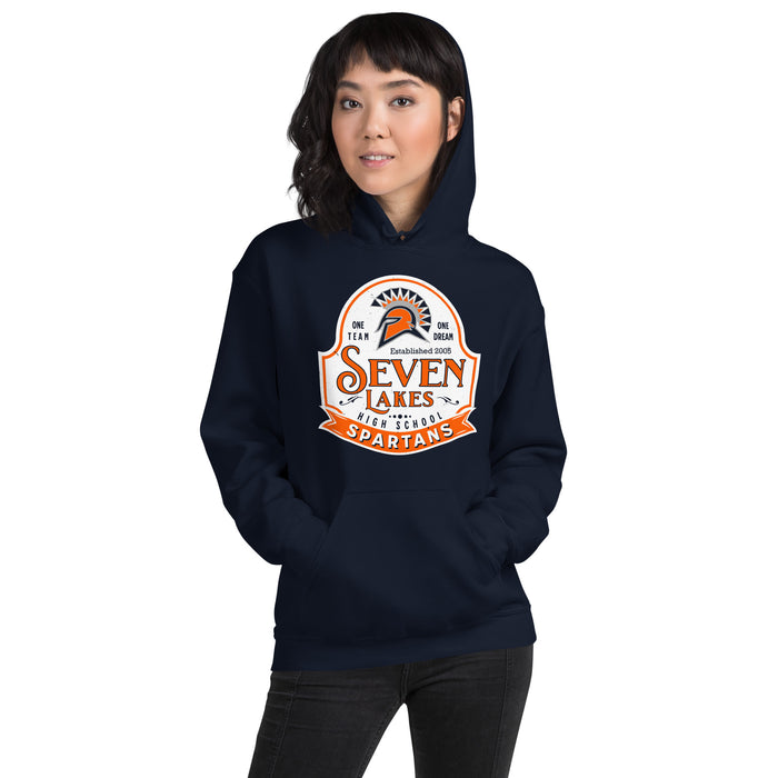 Woman wearing Seven Lakes High School Spartans Navy Blue Classic Unisex Hoodie 219