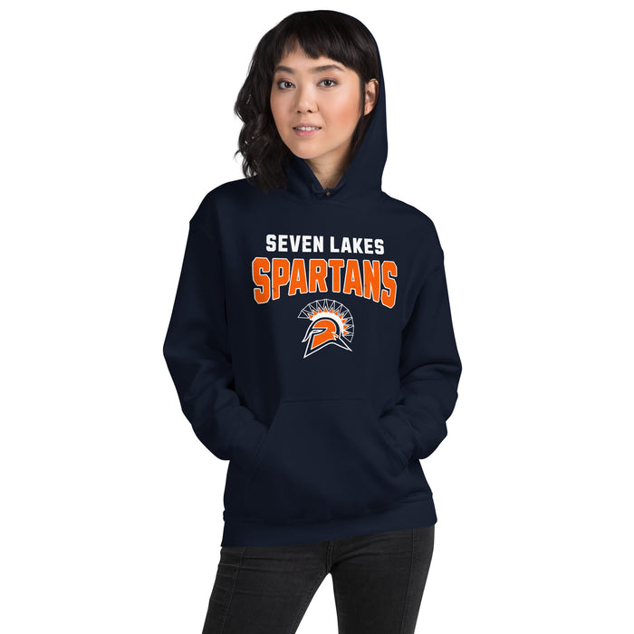 Woman wearing Seven Lakes High School Spartans Navy Blue Classic Unisex Hoodie 234