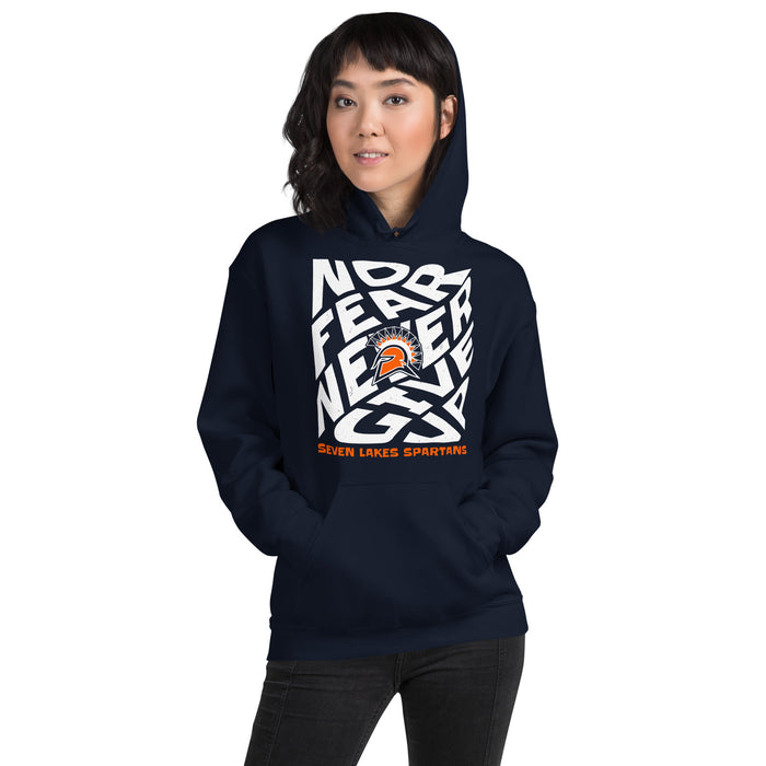 Woman wearing Seven Lakes High School Spartans Navy Blue Classic Unisex Hoodie 236