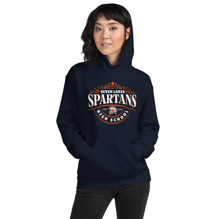 Woman wearing Seven Lakes High School Spartans Navy Blue Classic Unisex Hoodie 211