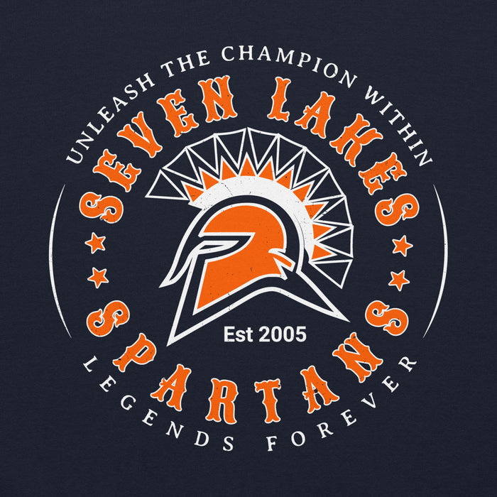 Close-up view of Seven Lakes High School Spartans Navy Blue Classic Unisex Hoodie 214