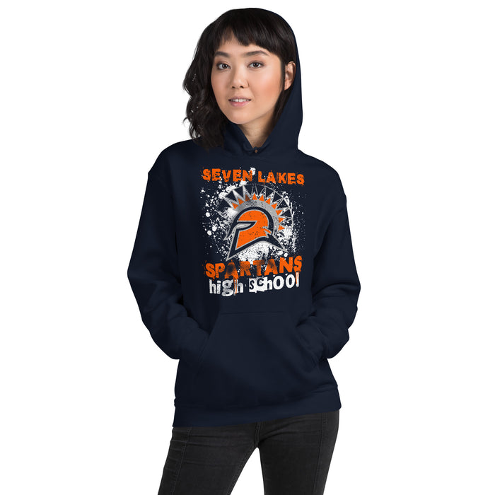 Woman wearing Seven Lakes High School Spartans Navy Blue Classic Unisex Hoodie 205