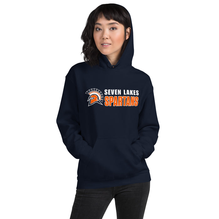 Woman wearing Seven Lakes High School Spartans Navy Blue Classic Unisex Hoodie 200