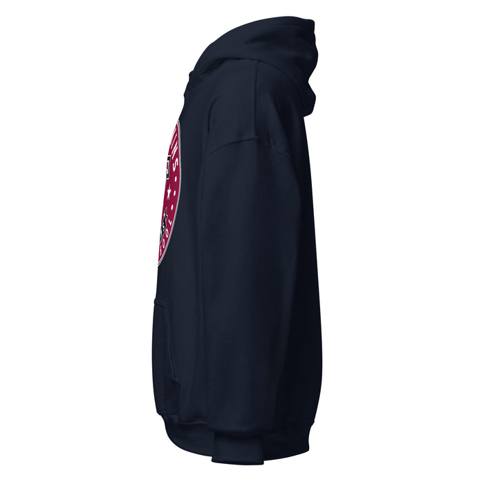 Left side view of Tompkins High School Falcons Navy Classic Unisex Hoodie 215