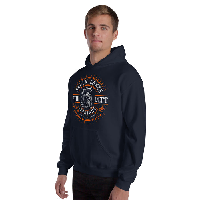 Man wearing Seven Lakes High School Spartans Navy Classic Unisex Hoodie 201