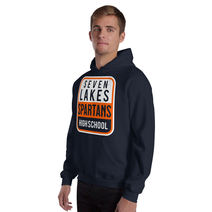 Man wearing Seven Lakes High School Spartans Navy Classic Unisex Hoodie 001