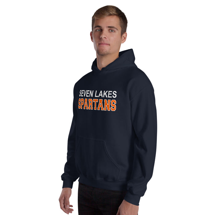 Man wearing Seven Lakes High School Spartans Navy Classic Unisex Hoodie 010