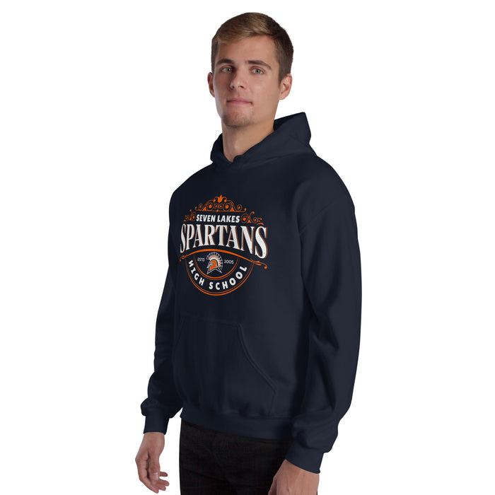 Man wearing Seven Lakes High School Spartans Navy Classic Unisex Hoodie 211