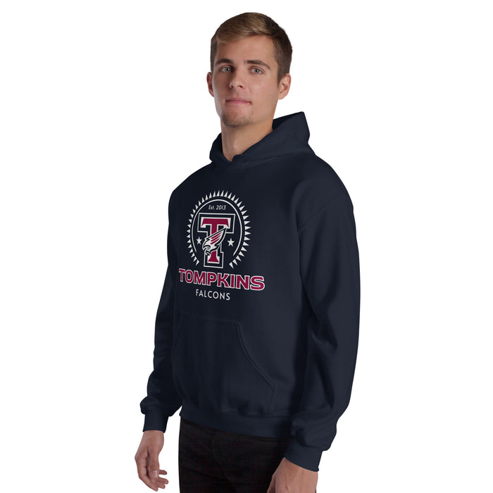 Man wearing Tompkins High School Falcons Navy Classic Unisex Hoodie 226