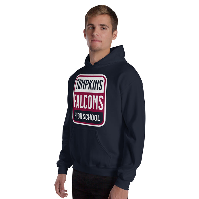 Man wearing Tompkins High School Falcons Navy Classic Unisex Hoodie 001