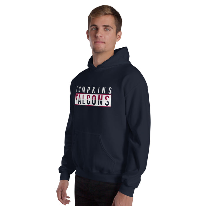 Man wearing Tompkins High School Falcons Navy Classic Unisex Hoodie 031