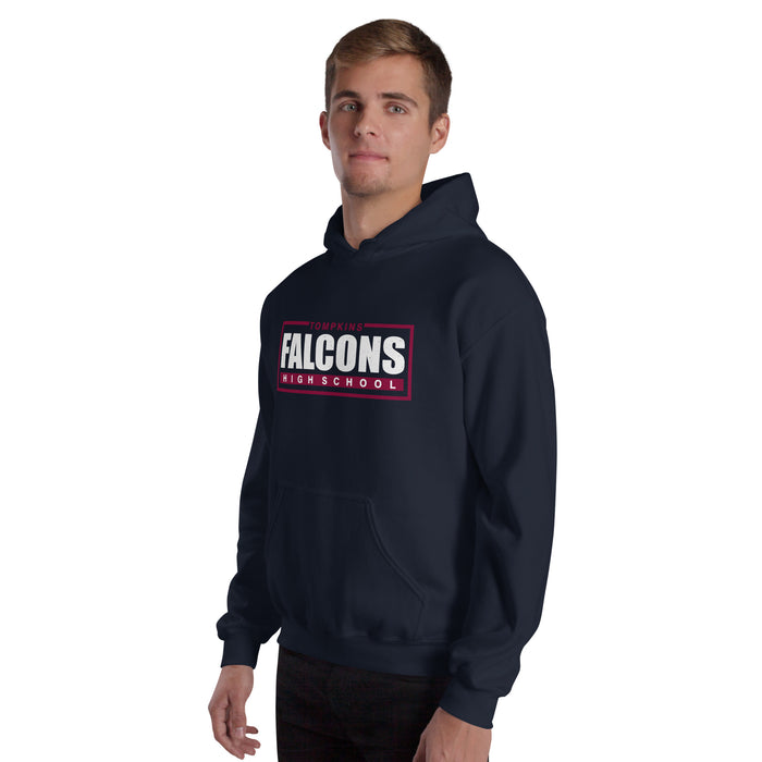 Man wearing Tompkins High School Falcons Navy Classic Unisex Hoodie 049