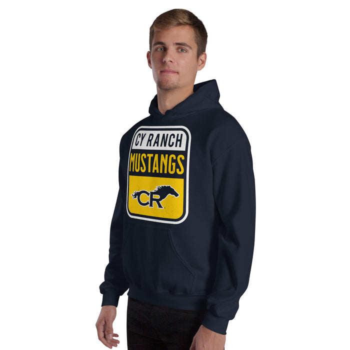 Man wearing Cypress Ranch High School Mustangs Navy Classic Unisex Hoodie 001