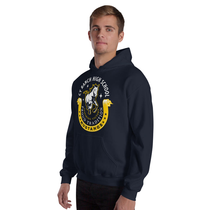 Man wearing Cypress Ranch High School Mustangs Navy Classic Unisex Hoodie 229