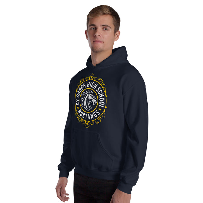 Man wearing Cypress Ranch High School Mustangs Navy Classic Unisex Hoodie 227