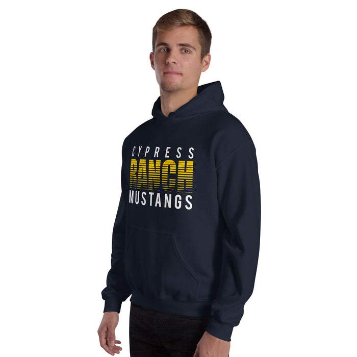 Man wearing Cypress Ranch High School Mustangs Navy Classic Unisex Hoodie 024
