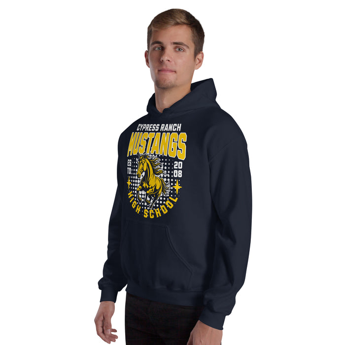 Man wearing Cypress Ranch High School Mustangs Navy Classic Unisex Hoodie 204