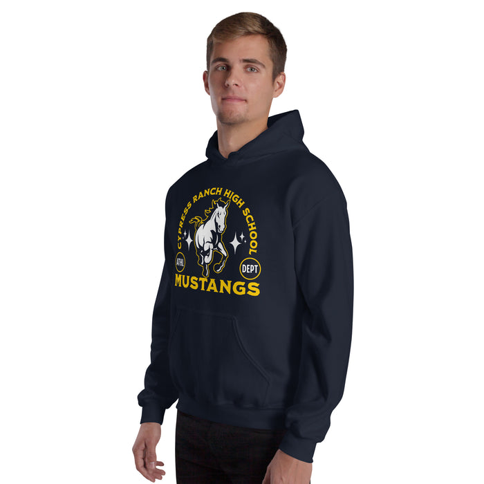 Man wearing Cypress Ranch High School Mustangs Navy Classic Unisex Hoodie 208