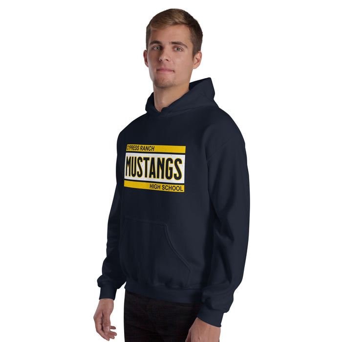 Man wearing Cypress Ranch High School Mustangs Navy Classic Unisex Hoodie 098
