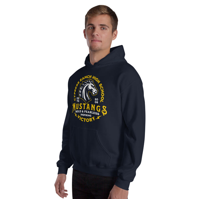 Man wearing Cypress Ranch High School Mustangs Navy Classic Unisex Hoodie 206