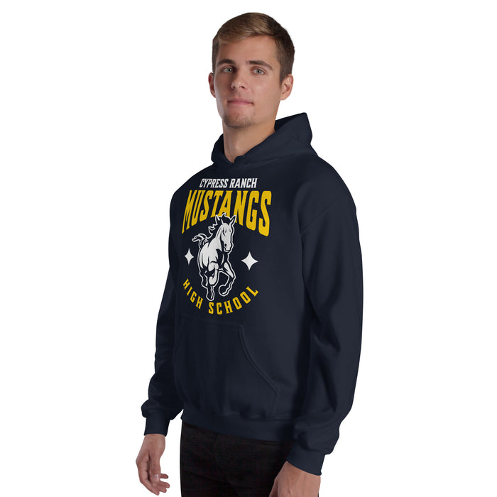 Man wearing Cypress Ranch High School Mustangs Navy Classic Unisex Hoodie 213