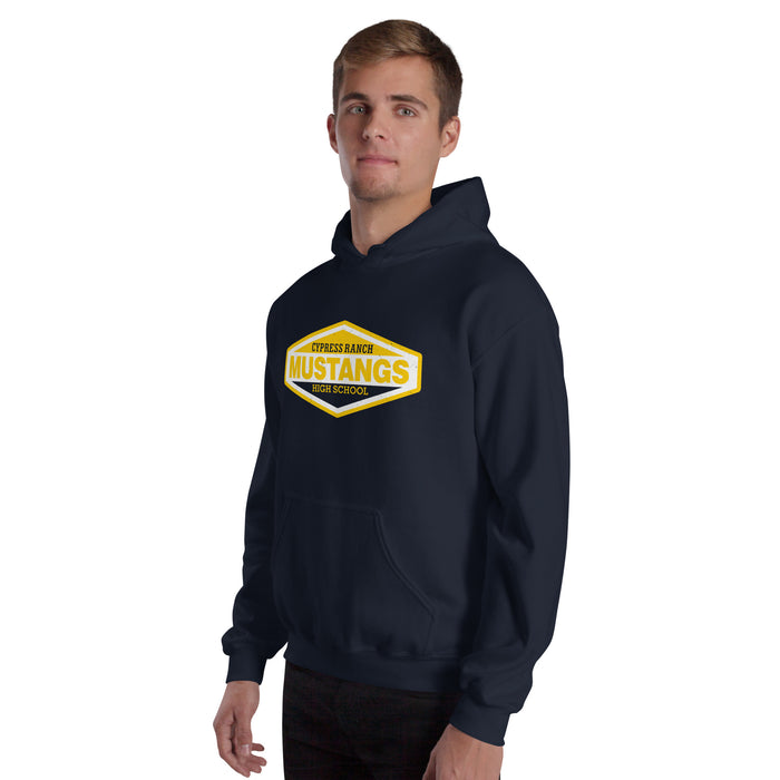 Man wearing Cypress Ranch High School Mustangs Navy Classic Unisex Hoodie 009